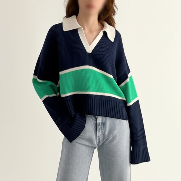 New Spiritual Gangster Womens XL Navy Green Stripe Cropped V-Neck Sweater - Picture 1 of 6